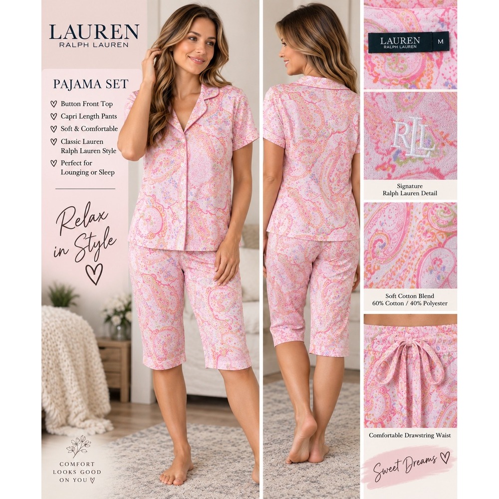 Lauren Ralph Lauren Pajama Set M Pink Paisley Capri Pants Button Front PJs
